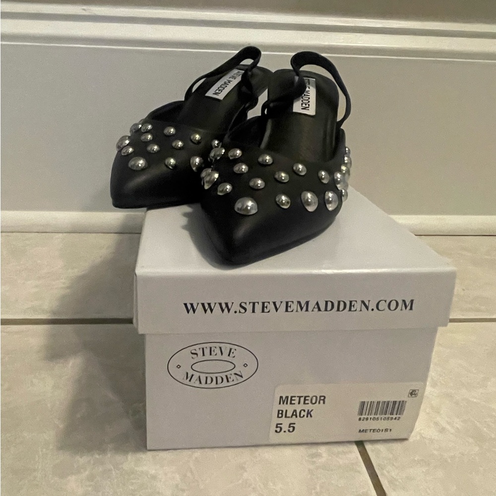 Meteor Black Studded Slingback Kitten Heels